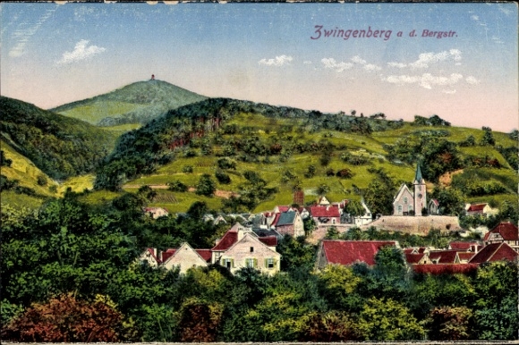Postcard Zwingenberg on the Bergstraße in Hesse, mountain landscape, church, houses, hills
