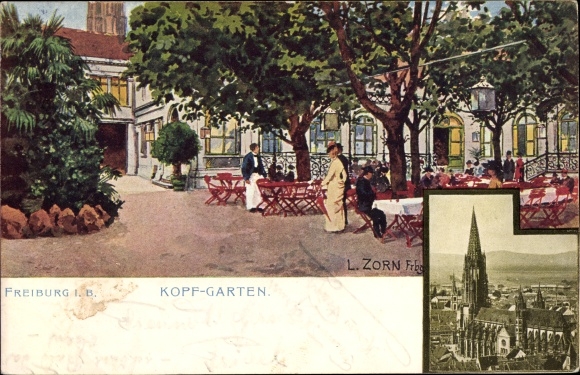Artist PC Zorn, L., Freiburg im Breisgau, head garden, Münster, total view