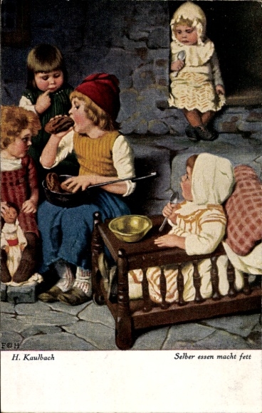 Artist Postcard Kaulbach, Hermann, Eating yourself makes you fat