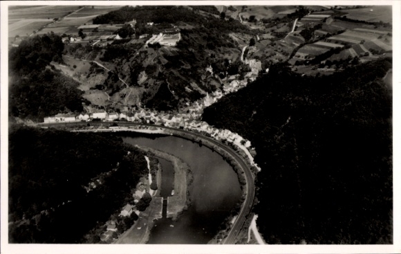 Postcard Balduinstein an der Lahn, aerial photograph of Balduinstein, Lahn, gardening school, Schwalbenst