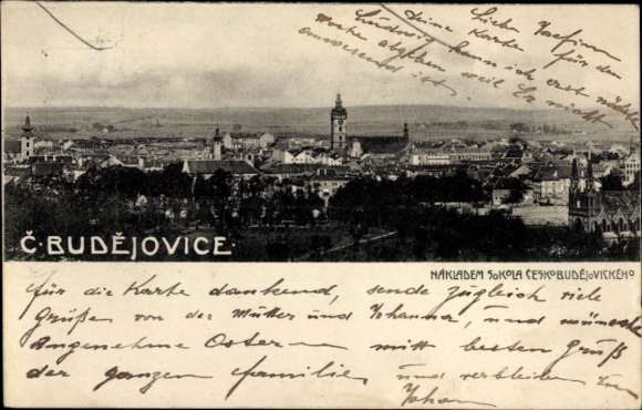 Ak České Budějovice Budweis Südböhmen, Stadtansicht von  an Herrn Franz Heidinger