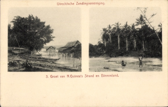 Ak Neuguinea, Groet van N. Guinea's Strand en Binnenlang, Utrechtsche Zendingvereeniging