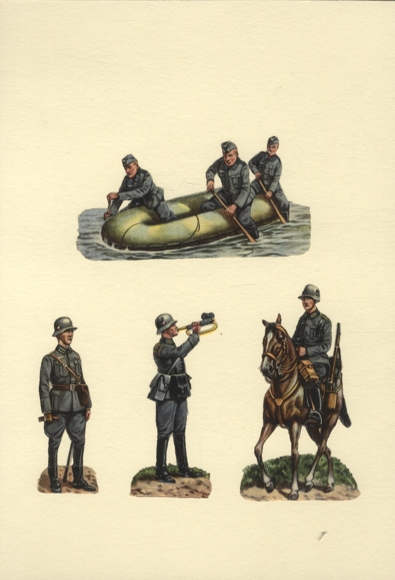 4 wafers, WW2, Wehrmacht, soldiers, uniforms, rubber dinghy, approx. 6 x 12 cm, 11 x 5 cm, 9 x 3 cm