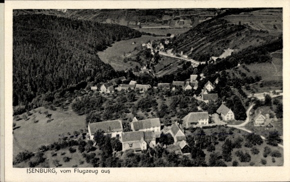 Postcard Isenburg in Sayntal Westerwald, aerial view of green landscape, buildings, trees