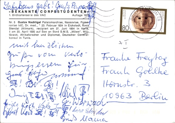 Studentika Postcard Well-known Corps Students of the VAC, Gustav Nachtigal, Palaiomarchia, Nassovia, Pomerania