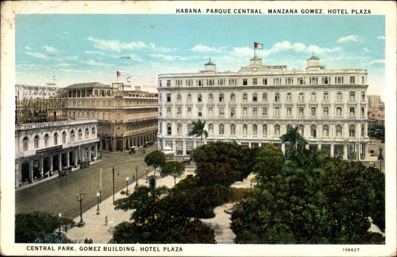 Postcard Havanna Habana Kuba, Central Park, Gomez Building, Hotel Plaza