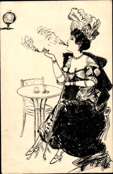 Artist Postcard Smoking elegant woman in a cafe