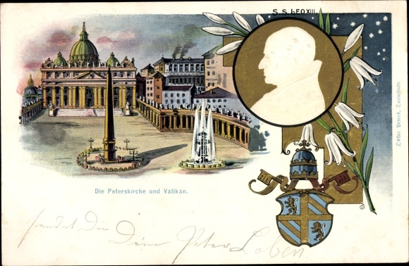 Embossed Chromo-Litho Vatican, Pope Leo XIII, St. Peter's Church, coat of arms