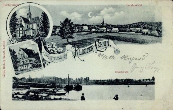 Moonlight Postcard Kloster Lehnin in der Mark, general view, monastery church, monastery lake