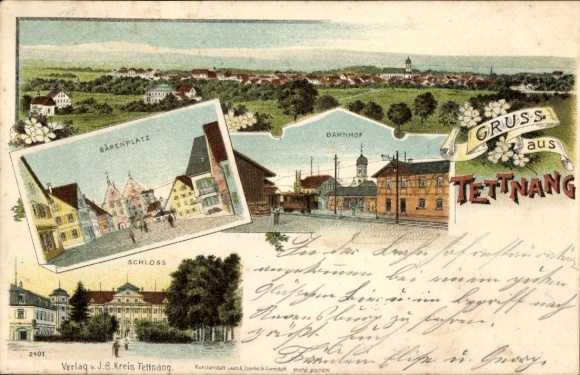 Litho Tettnang in Württemberg, Panorama, Bärenplatz, Bahnhof, Schloss