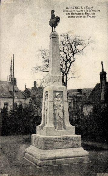 Postcard Breteuil Eure, Monument, Rooster, Children of Dead for France
