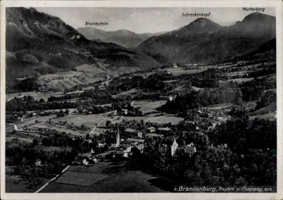 Postcard Brannenburg in Upper Bavaria, aerial photograph of Bavaria, with mountains, name of the mountains