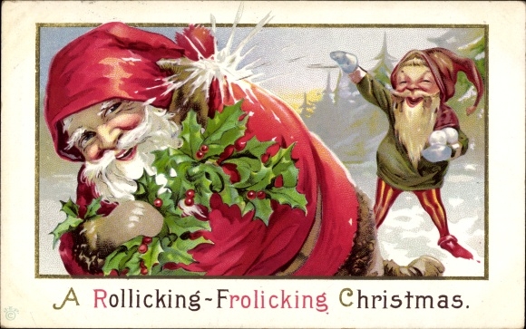 Emboss Postcard Merry Christmas, Santa, Dwarf, Holly, Snowball Fight