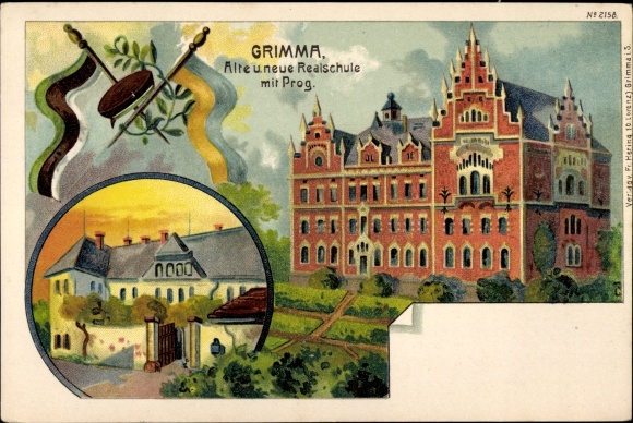 Chromo-Litho Grimma in Saxony, Old and New Realschule with Progymnasium, No. 2158