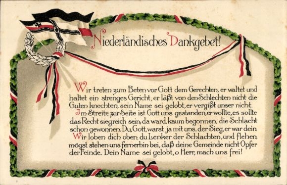 Embossed Chromo-Litho Dutch prayer of thanks, victorious German troops, Battle of World War I
