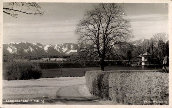 Postcard Tutzing on Lake Starnberg, Upper Bavaria, lake promenade, view of water, tree and mountains, old...
