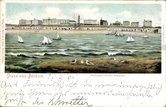 Postcard North Sea resort Borkum, from the west side, sailboats, seagulls