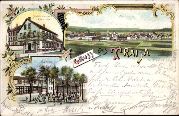 Chromo-Litho Traisa Mühltal in the Odenwald Hesse, hotel and restaurant Riedmatter, total view
