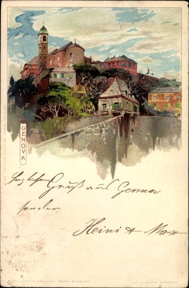 Artist Chromo-Litho Wielandt, Manuel, Genova Genoa Liguria, partial view of the city