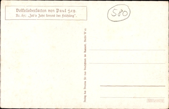 Kunstenaar Ak Hey, P., Volksliedkaart nr. 89, Elk jaar komt de lente