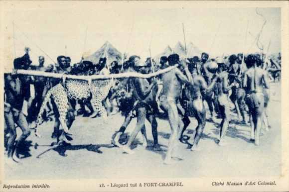 Postcard Oubangui Chari Ubangi Shari Central African Republic, hunter with killed leopard