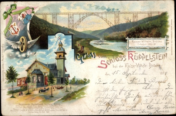 Coat of arms Chromo-Litho Solingen in North Rhine-Westphalia, Küppelstein Castle, Kaiser Wilhelm Bridge, impeller