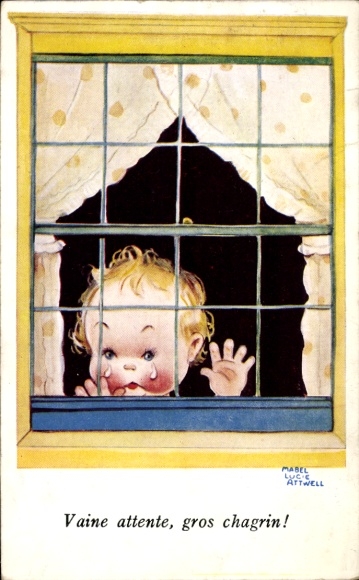 Künstler Ak Attwell, Mabel Lucy, weinendes Kind am Fenster, Vaine attente, gros chagrin