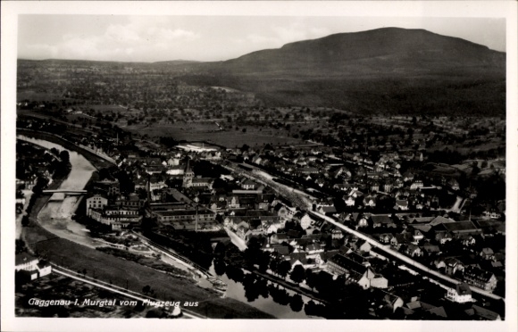 Postcard Gaggenau in the Murgtal Black Forest, aerial view of Murgtal, river, mountain in the background