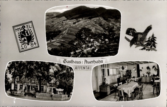 Postcard Affental Bühl in Baden, Gasthaus Auerhahn, landscape photograph, interior view of the inn