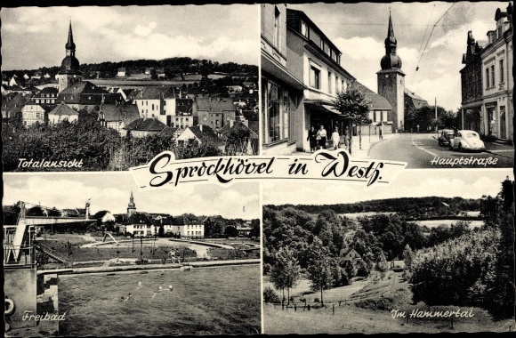 Postcard Sprockhövel in the Ruhr area, long shot, main street, Hammertal, outdoor pool