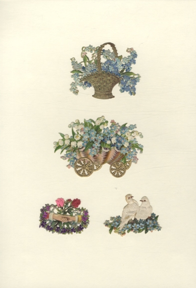 4 wafers flower baskets, forget-me-nots, lilies of the valley, white doves, approx. 7 x 9 cm to 4 x 5 cm