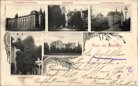 Postcard Annaburg Saxony Anhalt, castle courtyard, trumpet stand, non-commissioned officer preparatory school, castle, greeting...