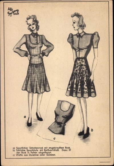 Postcard women&#39;s fashion, pattern ABC cut, sporty tartan skirt, sports blouse, vest made of duvetine