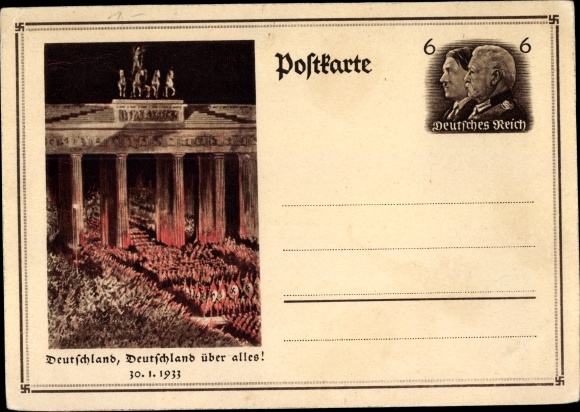 Ganzsachen Ak Berlin, Deutschland über alles, Aufmarsch 30.01.1933, Brandenburger Tor
