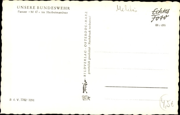 Postcard Deutsche Bundeswehr, tank M 47 in the autumn maneuvers
