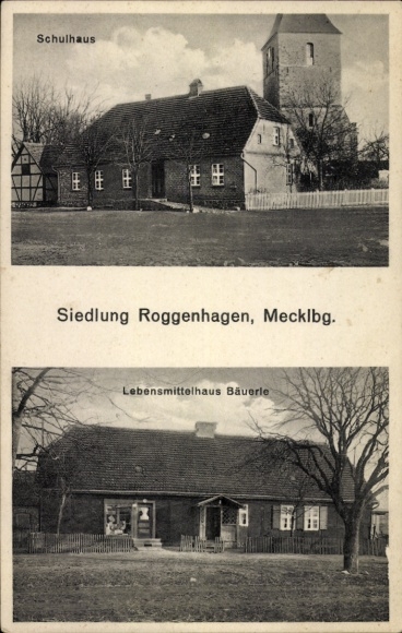 Postcard settlement Roggenhagen Brunn in Mecklenburg, schoolhouse, grocery store Bäuerle
