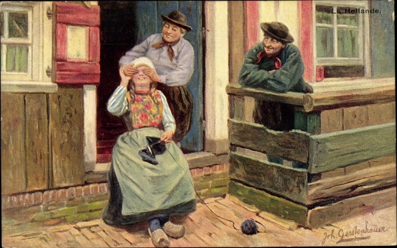Artist PC Gerstenhauer, JG, young woman and two men in Dutch costume