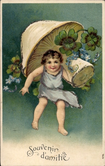 Embossed Glitter Postcard Child, Mushroom, Lucky Clover, Forget-me-not