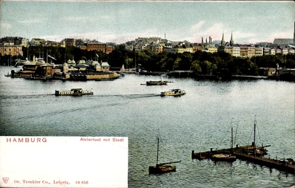 Postcard Hamburg Mitte Neustadt, view of the Alster, cityscape, ships on the water