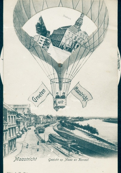 Mechanical Postcard Maastricht Limburg Niederlande, View of Maas and Canal, City Hall, Balloon