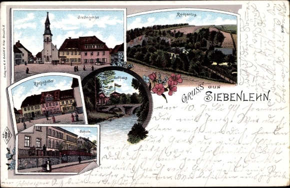 Chromo-Litho Siebenlehn Großschirma in Saxony, Romanus, Ratskeller, school, customs house