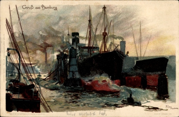 Ak Hamburg Mitte Steinwerder Kuhwerder, Schiff, Hafen, Wasser, Nebel, Industrie, Wolken