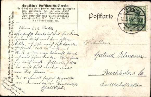 Artist PC Schulze, Hans Rudolf, captive balloon of the German Air Fleet in WWI, artillery