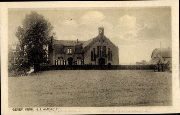 Postcard Hendrik Ido Ambacht South Holland, Geref. Kerk HI building with garden