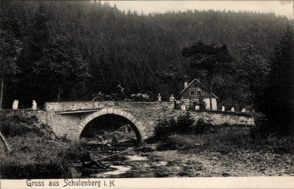 Postcard Schulenberg Clausthal Zellerfeld in the Upper Harz, bridge, carriage