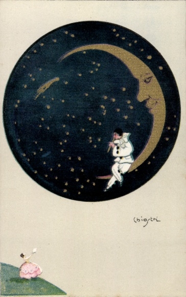 Artist Postcard Harlequin playing flute, woman, moon