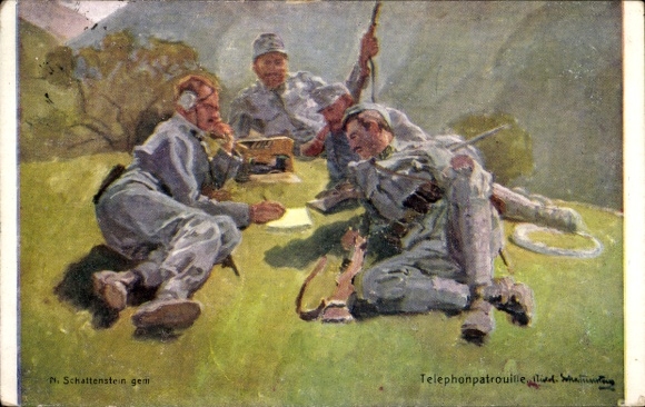 Artist Postcard Schattenstein, N., KuK Army, telephone patrol, field telephone, Alpine War