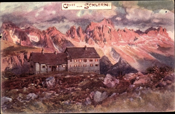 Künstler Ak Völs am Schlern Fiè allo Sciliar Südtirol, Rifugio al Monte Pez, Schlernhaus