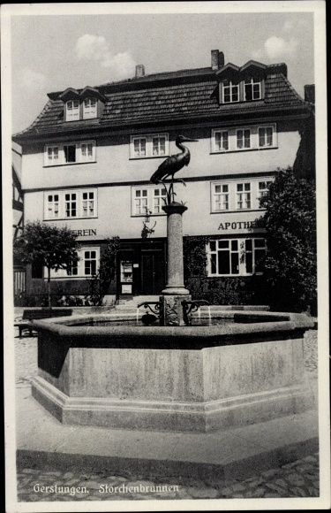 Postcard Gerstungen in Thuringia, stork fountain, pharmacy