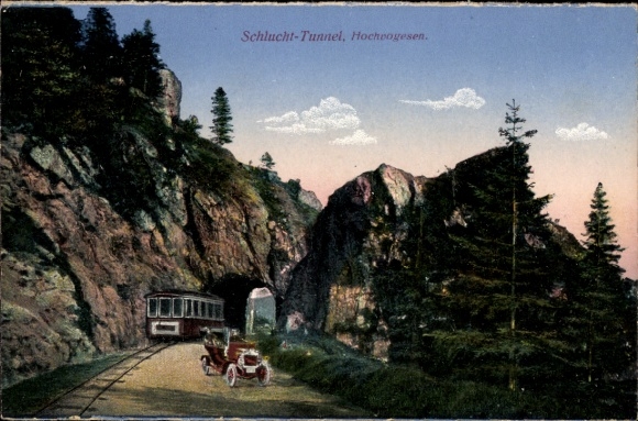 Ak Hochvogesen Haut Rhin, Der kahle Wasen, Schlucht-Tunnel,  Zug, Auto, Felsen, Bäume